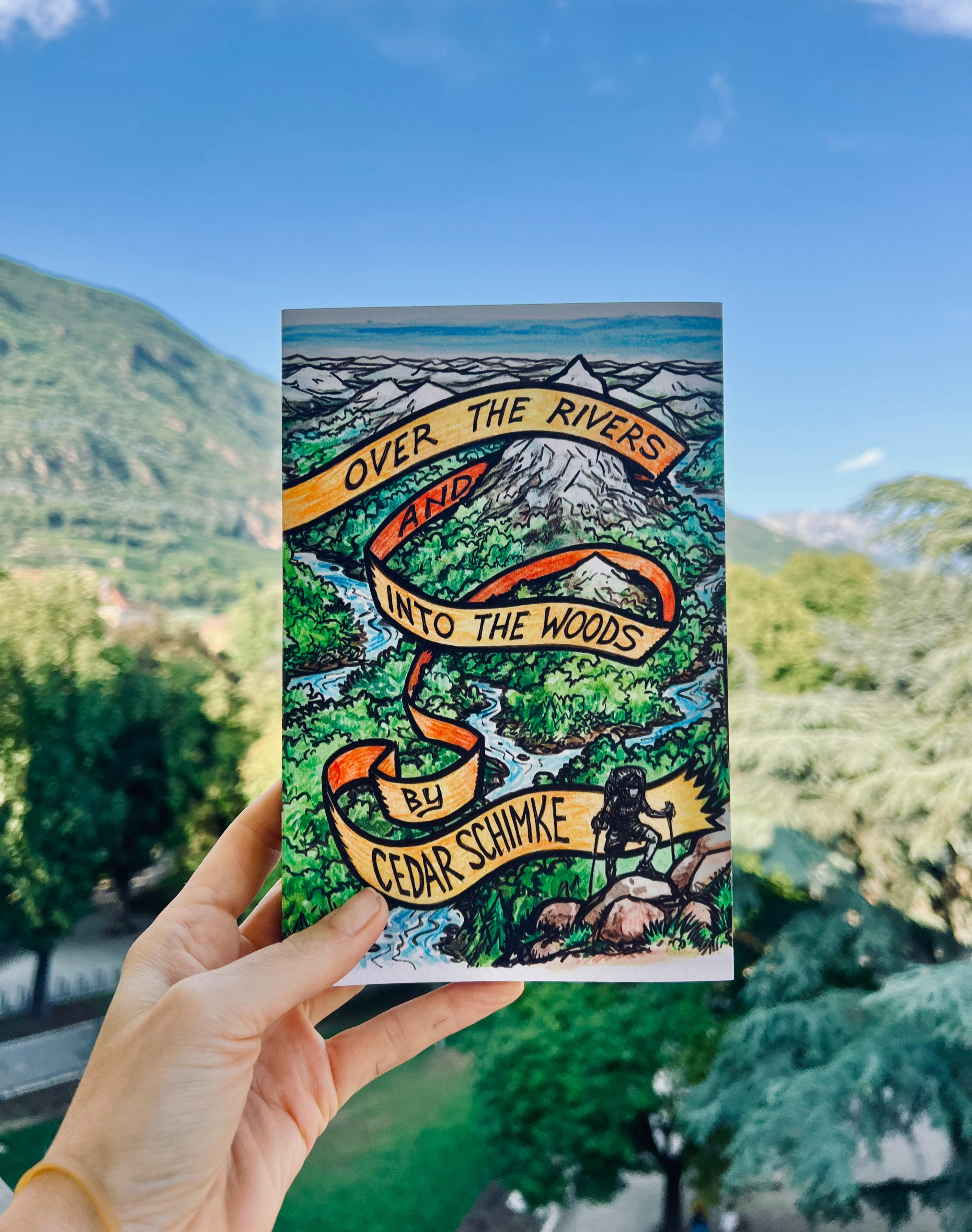 Over the Rivers and Into the Woods Cover of Over the Rivers and Into the Woods with an orange ribbon, shadowy hiker in the beginning and mountainous landcape.